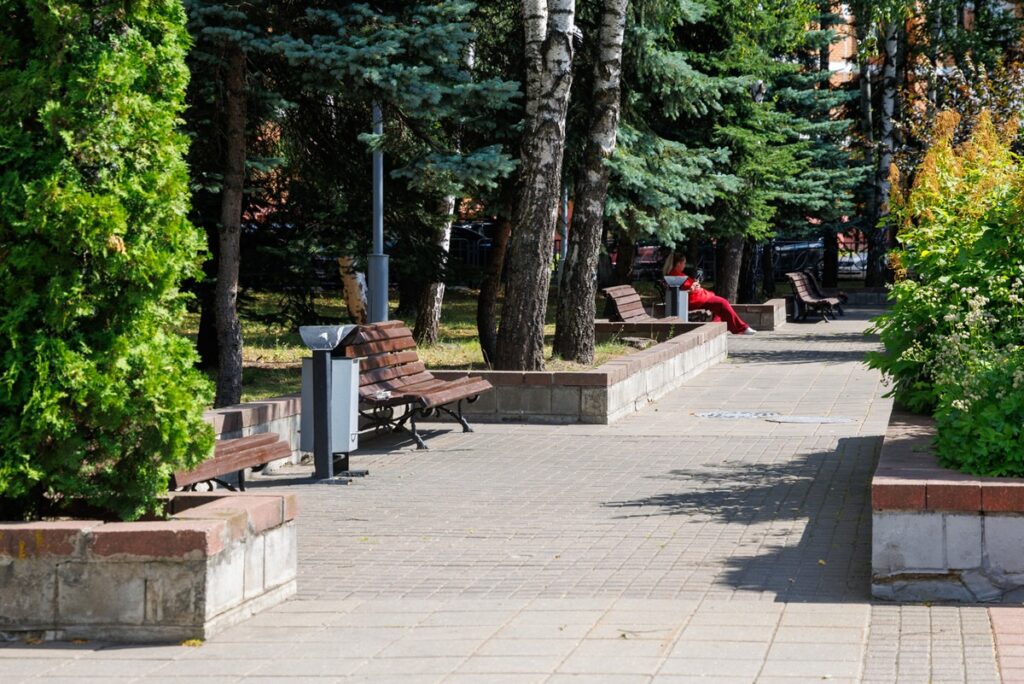 Зеленая аллея для отдыха на территории центра